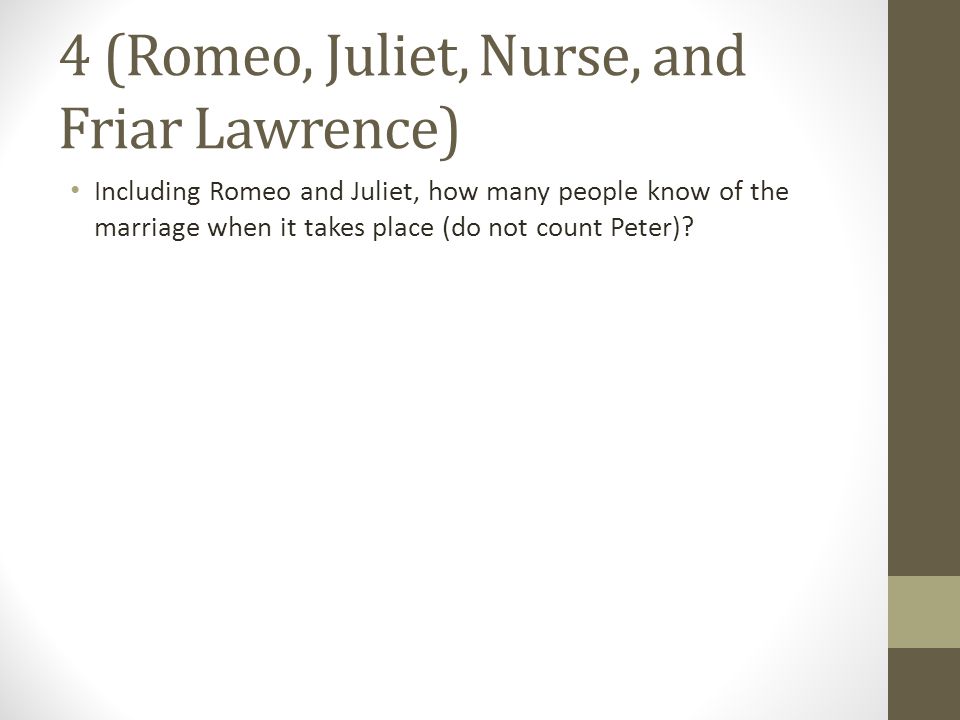 4 (Romeo, Juliet, Nurse, and Friar Lawrence) Including Romeo and Juliet, how many people know of the marriage when it takes place (do not count Peter)