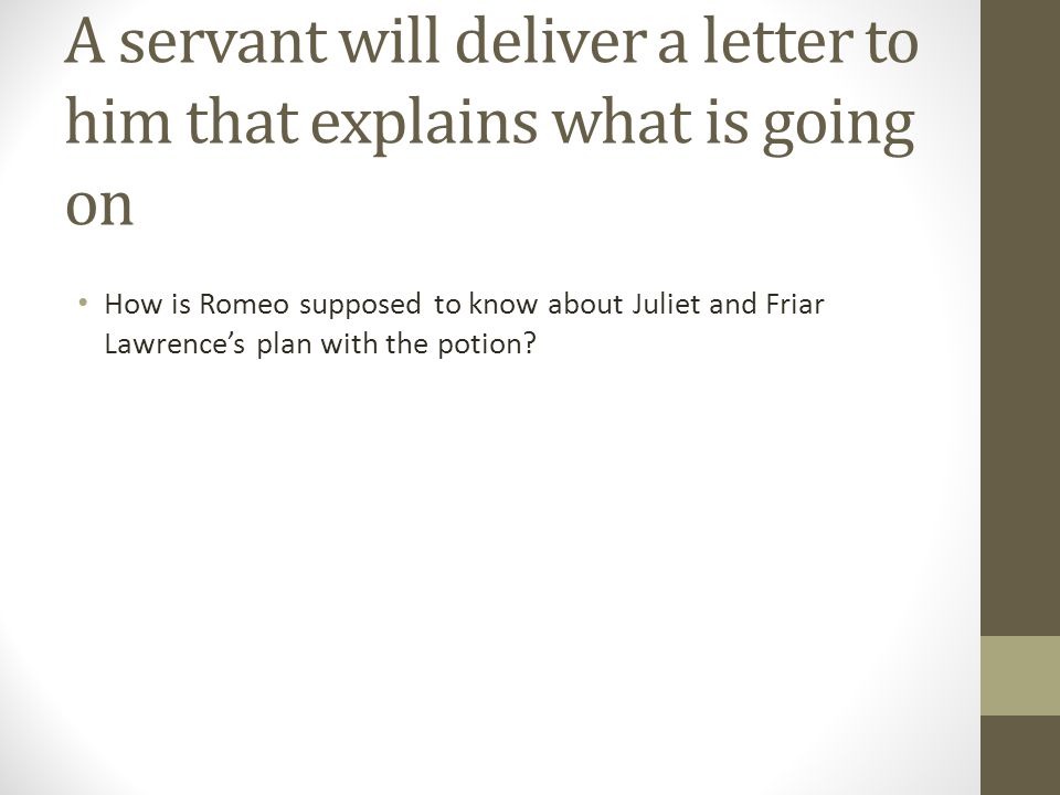 A servant will deliver a letter to him that explains what is going on How is Romeo supposed to know about Juliet and Friar Lawrence’s plan with the potion