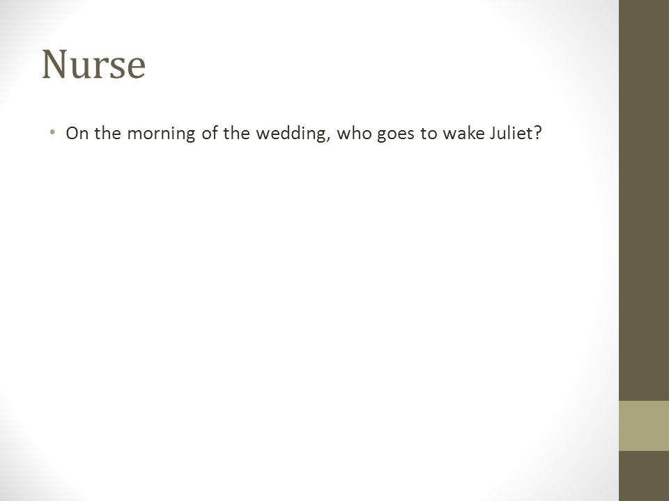 Nurse On the morning of the wedding, who goes to wake Juliet