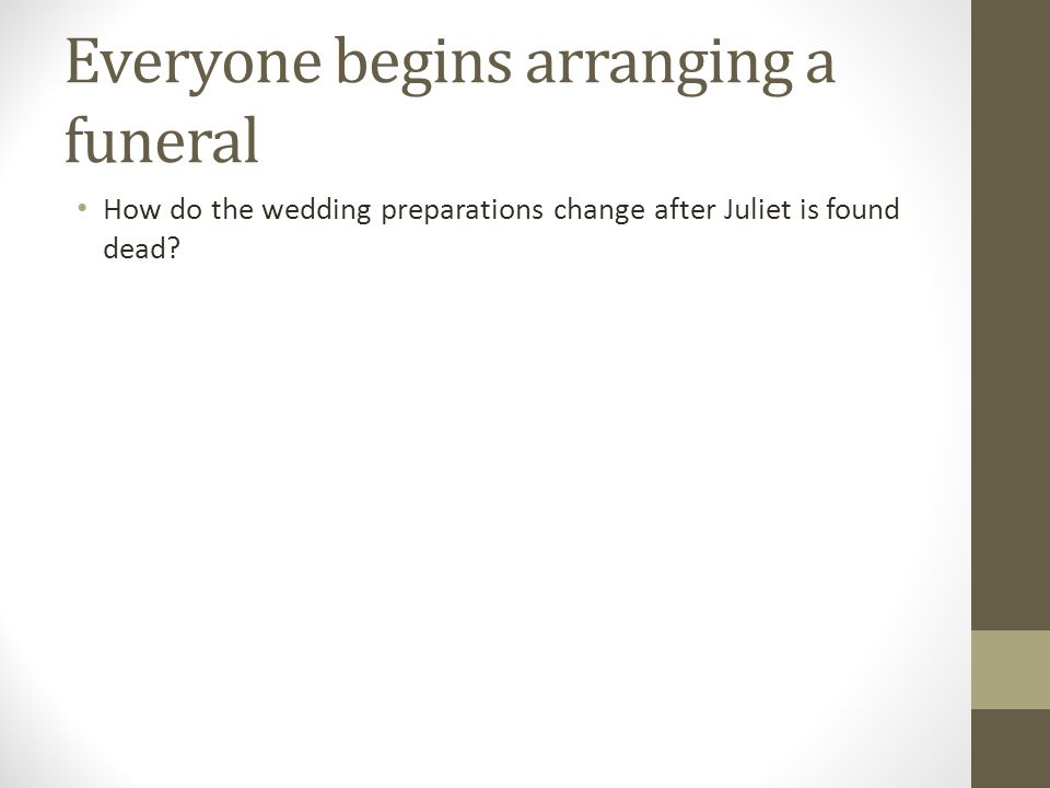 Everyone begins arranging a funeral How do the wedding preparations change after Juliet is found dead