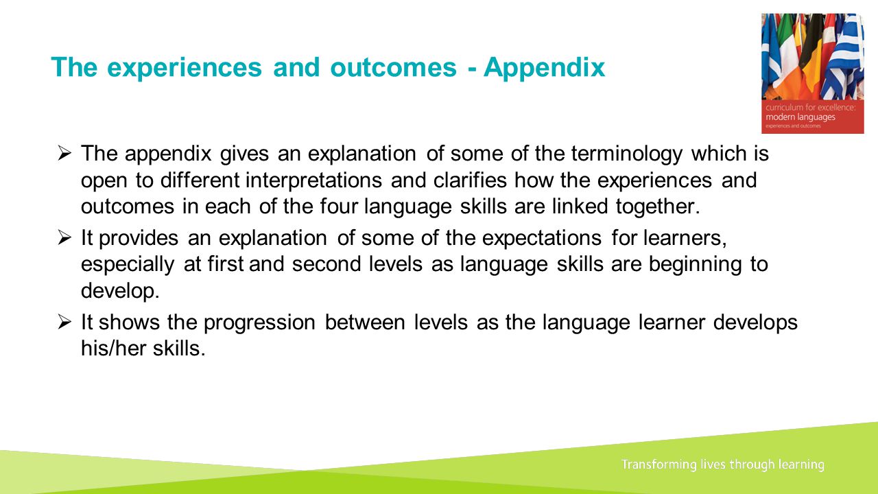 Transforming lives through learningDocument title A 1+2 approach to language learning Framework for primary schools – Guidance for P1 The experiences and outcomes - Appendix  The appendix gives an explanation of some of the terminology which is open to different interpretations and clarifies how the experiences and outcomes in each of the four language skills are linked together.