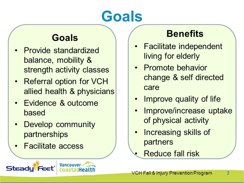 VCH Fall & Injury Prevention Program3 Goals Provide standardized balance, mobility & strength activity classes Referral option for VCH allied health & physicians Evidence & outcome based Develop community partnerships Facilitate access Benefits Facilitate independent living for elderly Promote behavior change & self directed care Improve quality of life Improve/increase uptake of physical activity Increasing skills of partners Reduce fall risk Goals