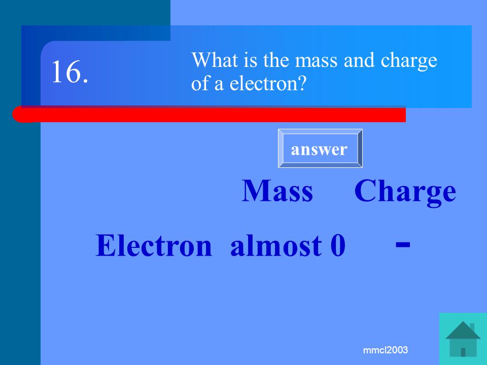mmcl2003 What is the mass and charge of a proton Mass Charge Proton 1 amu answer
