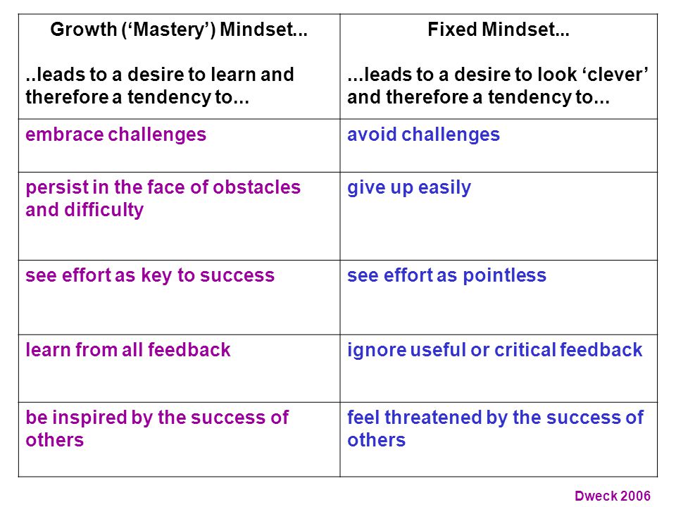 Growth (‘Mastery’) Mindset.....leads to a desire to learn and therefore a tendency to...