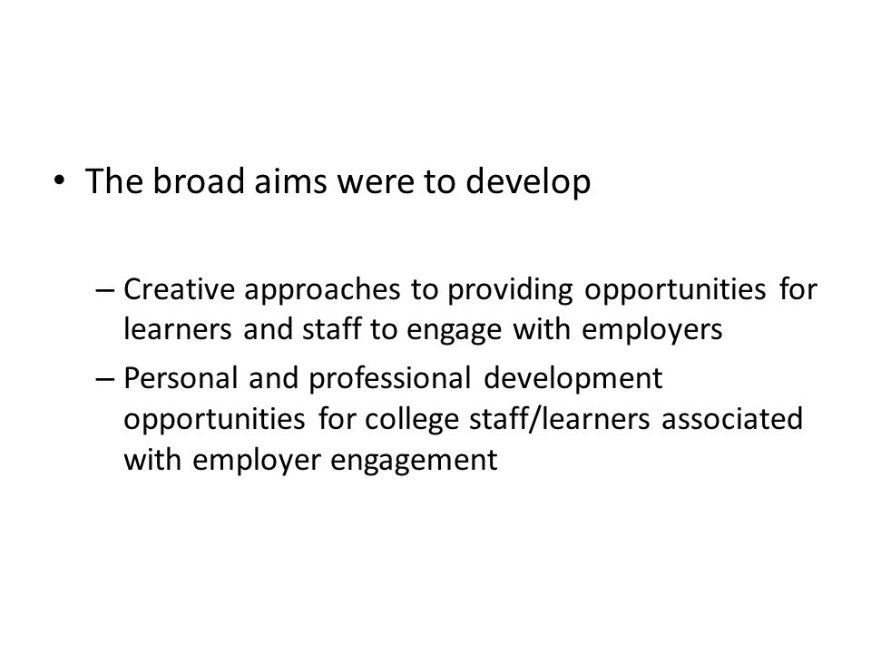 The broad aims were to develop – Creative approaches to providing opportunities for learners and staff to engage with employers – Personal and professional development opportunities for college staff/learners associated with employer engagement