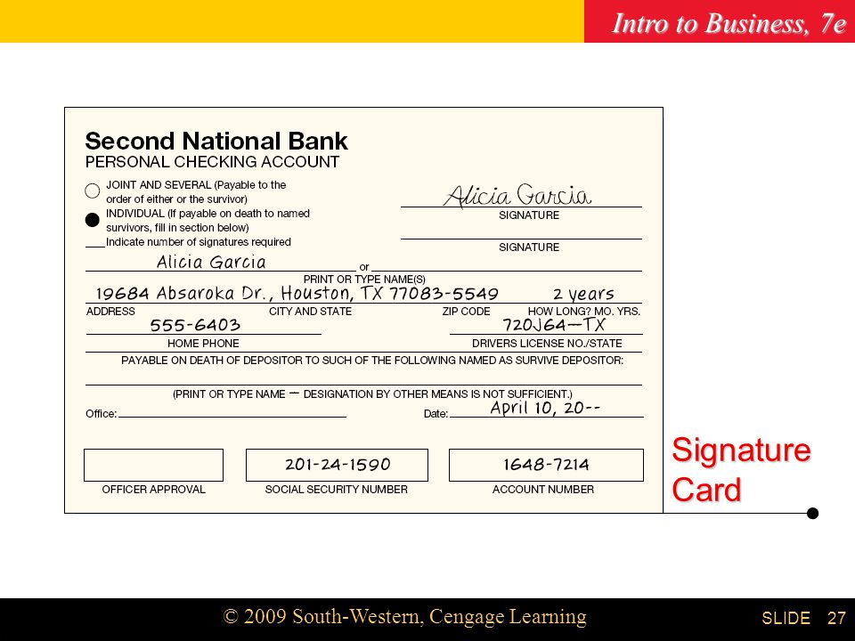 Intro to Business, 7e © 2009 South-Western, Cengage Learning SLIDE Chapter Signature Card
