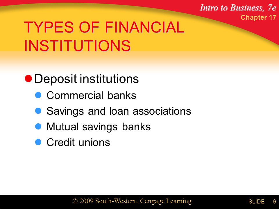 Intro to Business, 7e © 2009 South-Western, Cengage Learning SLIDE Chapter 17 6 TYPES OF FINANCIAL INSTITUTIONS Deposit institutions Commercial banks Savings and loan associations Mutual savings banks Credit unions