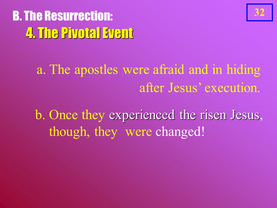 32 a. The apostles were afraid and in hiding after Jesus’ execution.