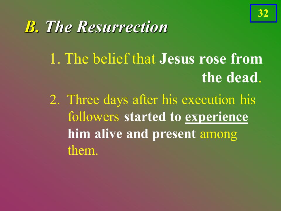 32 1. The belief that Jesus rose from the dead. 2.