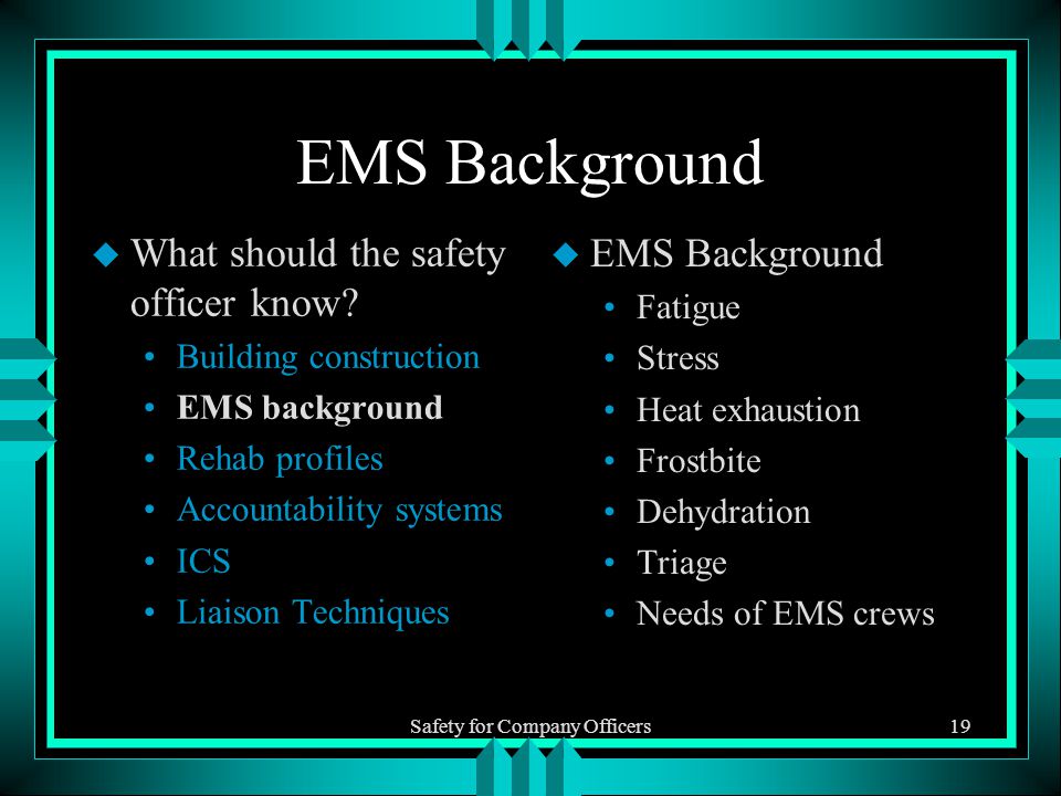 Safety for Company Officers19 EMS Background u What should the safety officer know.