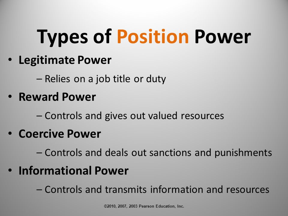 Types of Position Power Legitimate Power – Relies on a job title or duty Reward Power – Controls and gives out valued resources Coercive Power – Controls and deals out sanctions and punishments Informational Power – Controls and transmits information and resources