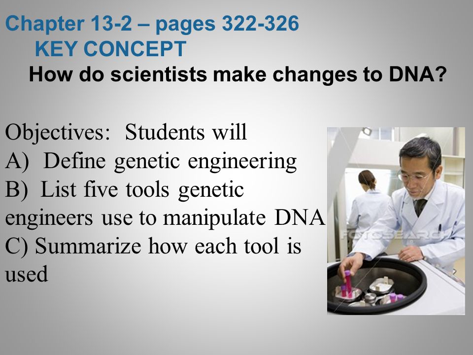 Chapter 13-2 – pages KEY CONCEPT How do scientists make changes to DNA.