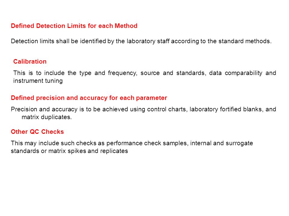 Defined Detection Limits for each Method Detection limits shall be identified by the laboratory staff according to the standard methods.