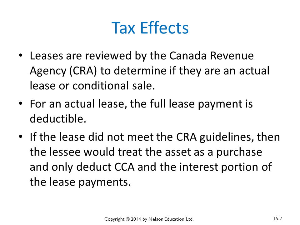 Tax Effects Leases are reviewed by the Canada Revenue Agency (CRA) to determine if they are an actual lease or conditional sale.