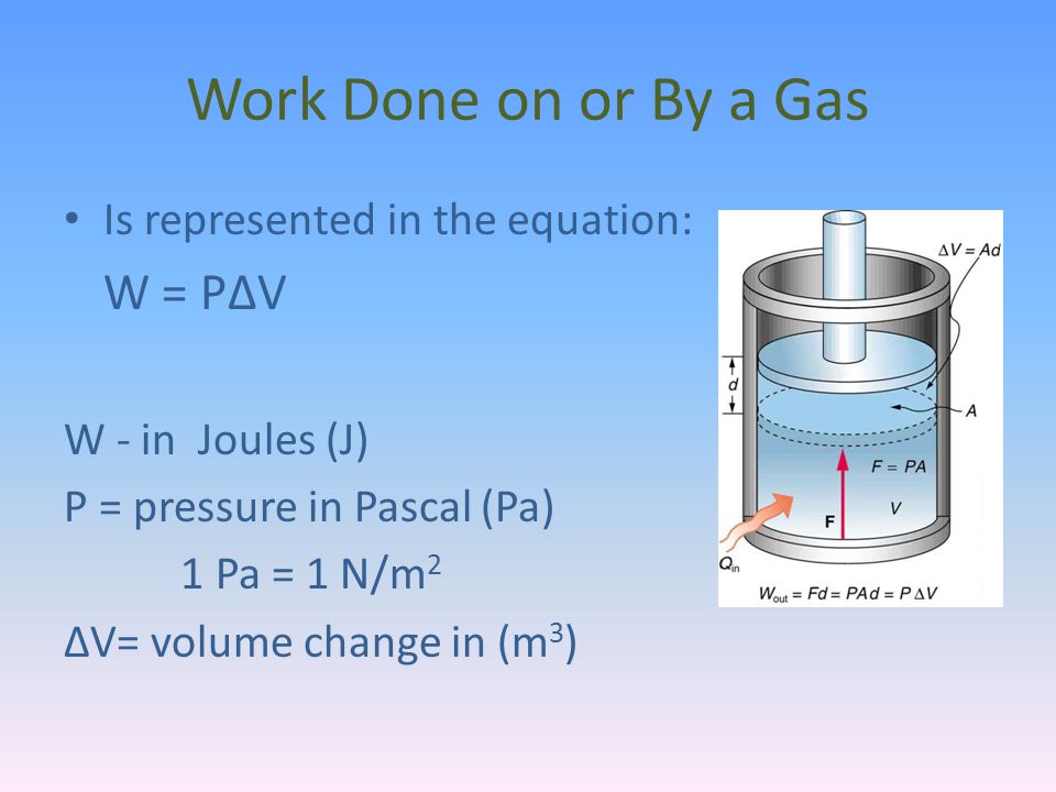 Chapter 10 Thermodynamics Relationship Between Heat And Work In A 4 Work Done On Or By A Gas Is Represented In The Equation W PΔv Joules J P Pressure Pascal Pa 1 N M 2 Δv Volume Change 3