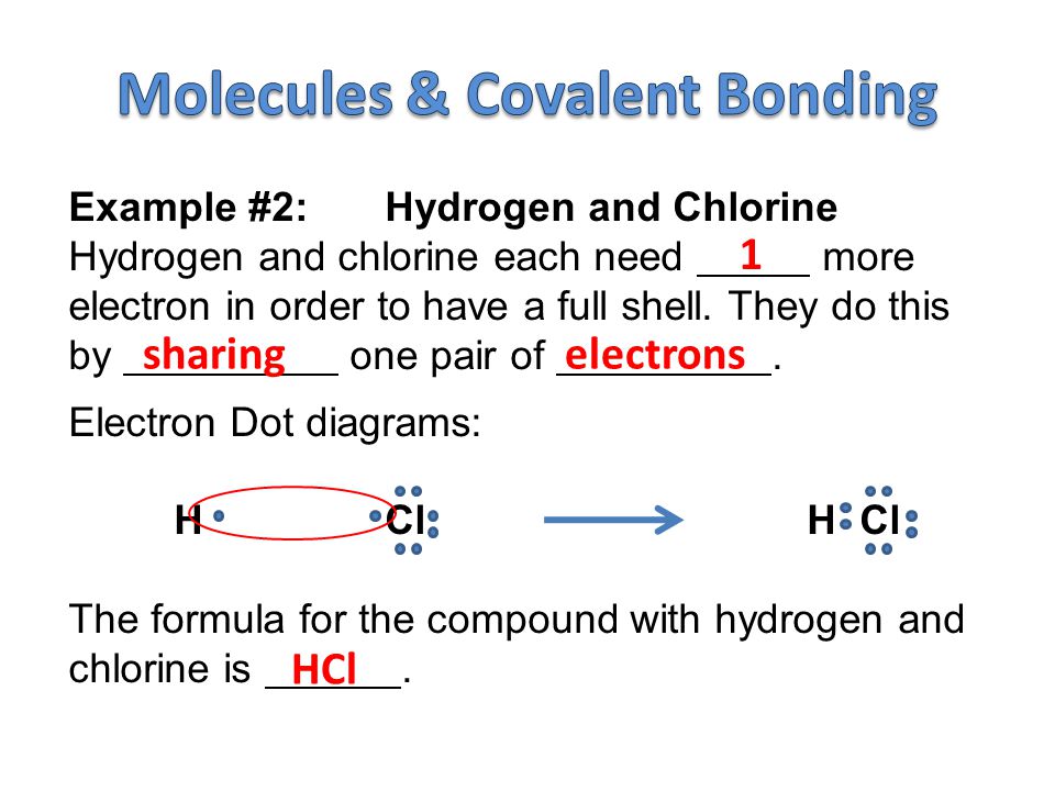 Example #2:Hydrogen and Chlorine Hydrogen and chlorine each need more electron in order to have a full shell.