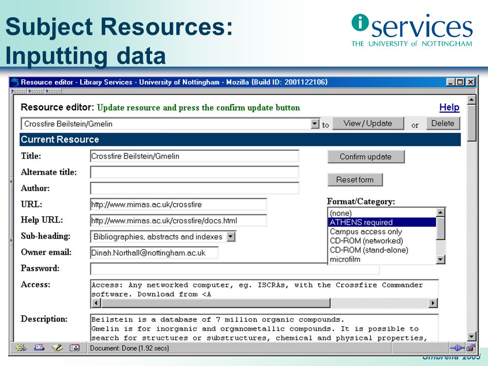 Umbrella 2003 Subject Resources: Inputting data