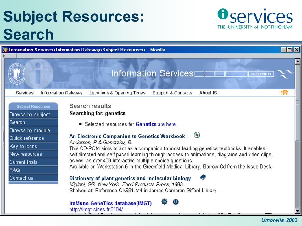 Umbrella 2003 Subject Resources: Search