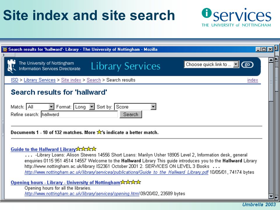 Umbrella 2003 Site index and site search