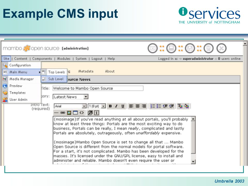 Umbrella 2003 Example CMS input