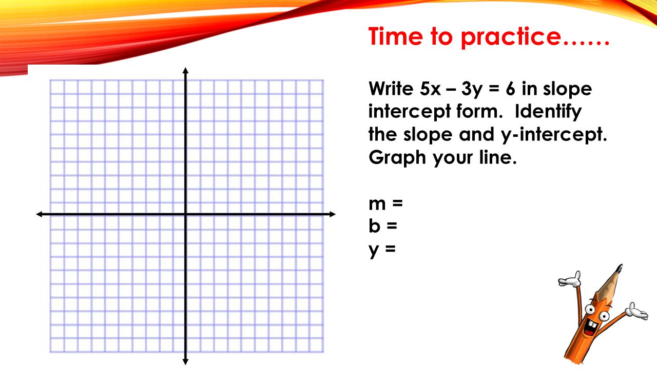 Write 5x – 3y = 6 in slope intercept form. Identify the slope and y-intercept.