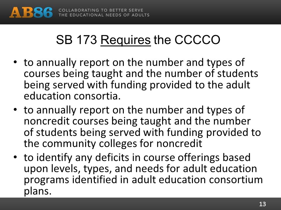 SB 173 Requires the CCCCO to annually report on the number and types of courses being taught and the number of students being served with funding provided to the adult education consortia.