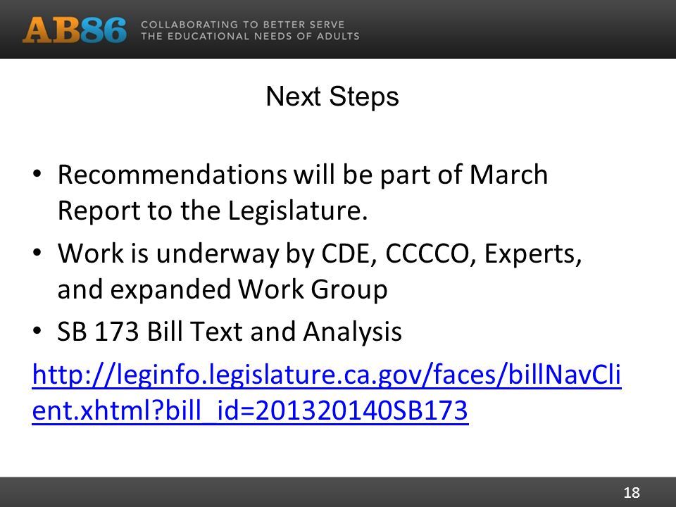 Next Steps Recommendations will be part of March Report to the Legislature.