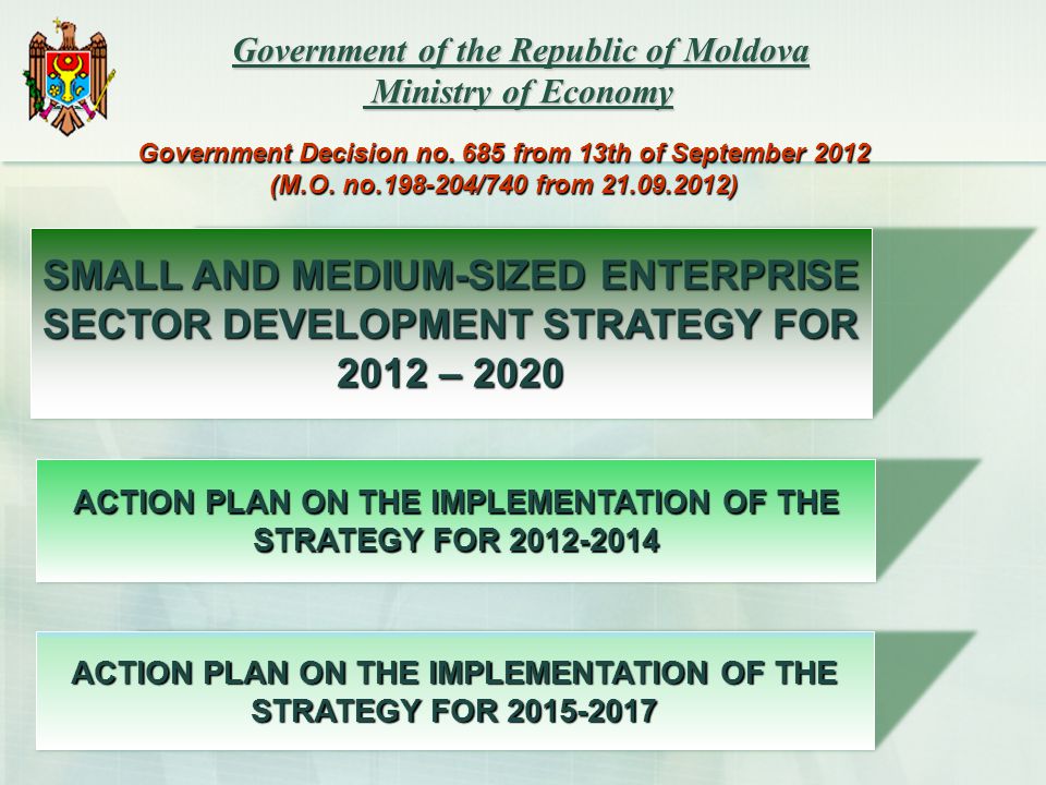 Government of the Republic of Moldova Ministry of Economy Government of the Republic of Moldova Ministry of Economy SMALL AND MEDIUM-SIZED ENTERPRISE SECTOR DEVELOPMENT STRATEGY FOR 2012 – 2020 ACTION PLAN ON THE IMPLEMENTATION OF THE STRATEGY FOR Government Decision no.