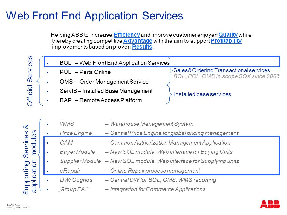© ABB Group June 9, 2015 | Slide 2 Web Front End Application Services Helping ABB to increase Efficiency and improve customer enjoyed Quality while thereby creating competitive Advantage with the aim to support Profitability improvements based on proven Results.