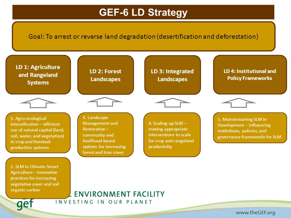 GEF-6 LD Strategy Goal: To arrest or reverse land degradation (desertification and deforestation) LD 1: Agriculture and Rangeland Systems LD 2: Forest Landscapes LD 4: Institutional and Policy Frameworks 1.