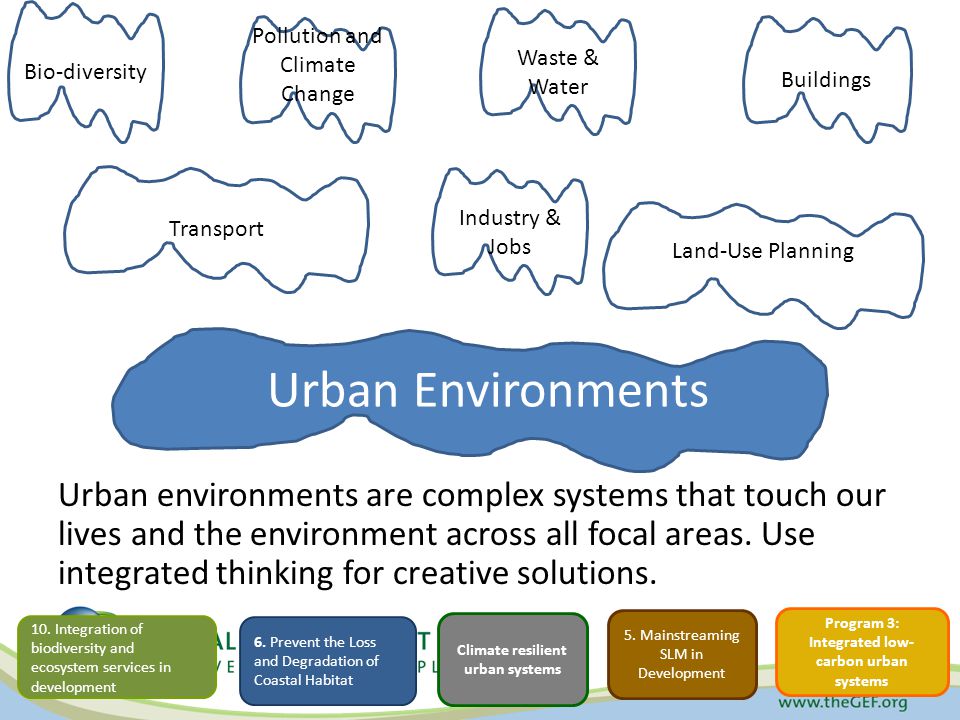 Urban Environments Urban environments are complex systems that touch our lives and the environment across all focal areas.