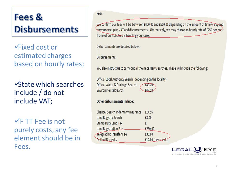 Fixed cost or estimated charges based on hourly rates; State which searches include / do not include VAT; IF TT Fee is not purely costs, any fee element should be in Fees.