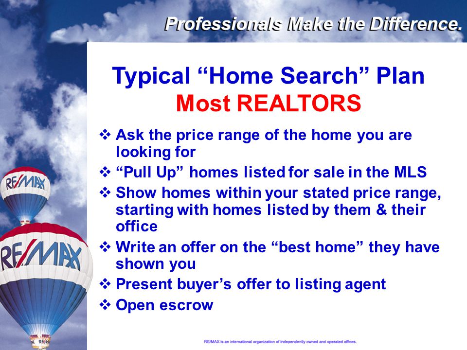 Typical Home Search Plan Most REALTORS  Ask the price range of the home you are looking for  Pull Up homes listed for sale in the MLS  Show homes within your stated price range, starting with homes listed by them & their office  Write an offer on the best home they have shown you  Present buyer’s offer to listing agent  Open escrow