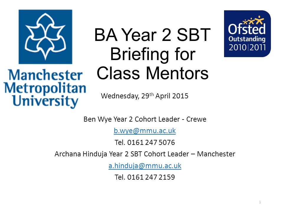 BA Year 2 SBT Briefing for Class Mentors Wednesday, 29 th April 2015 Ben Wye Year 2 Cohort Leader - Crewe Tel.