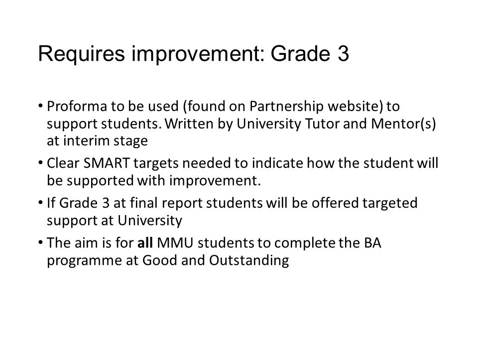 Requires improvement: Grade 3 Proforma to be used (found on Partnership website) to support students.