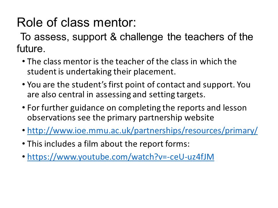 Role of class mentor: To assess, support & challenge the teachers of the future.