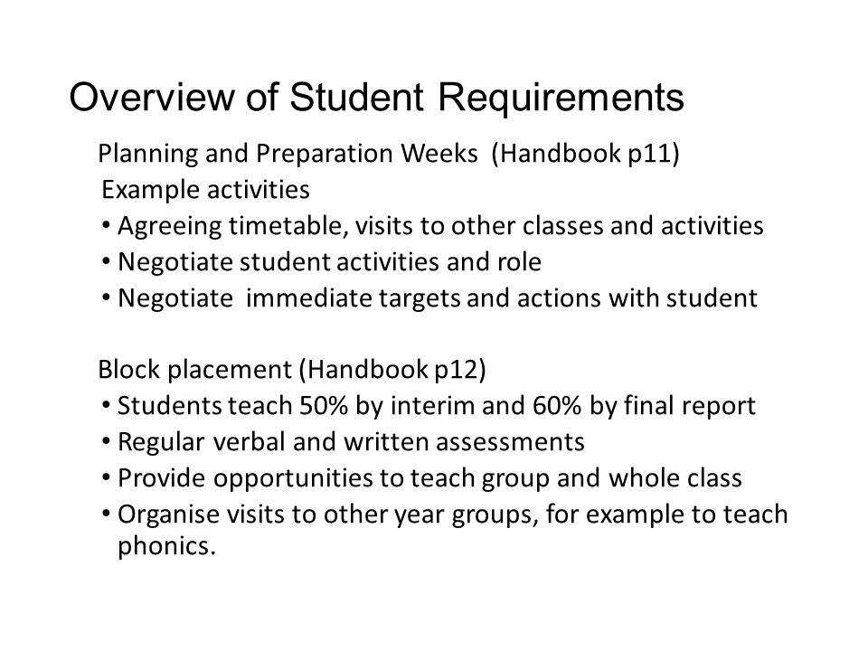 Overview of Student Requirements Planning and Preparation Weeks (Handbook p11) Example activities Agreeing timetable, visits to other classes and activities Negotiate student activities and role Negotiate immediate targets and actions with student Block placement (Handbook p12) Students teach 50% by interim and 60% by final report Regular verbal and written assessments Provide opportunities to teach group and whole class Organise visits to other year groups, for example to teach phonics.