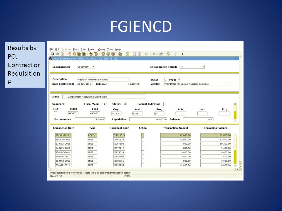 FGIENCD Results by PO, Contract or Requisition #