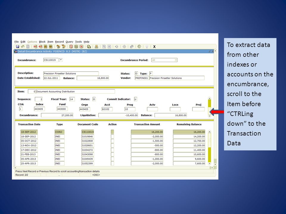 To extract data from other indexes or accounts on the encumbrance, scroll to the Item before CTRLing down to the Transaction Data