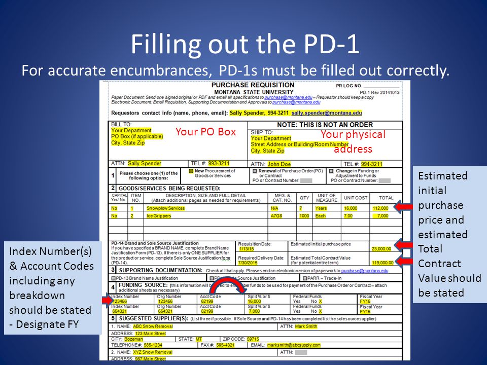 Filling out the PD-1 For accurate encumbrances, PD-1s must be filled out correctly.
