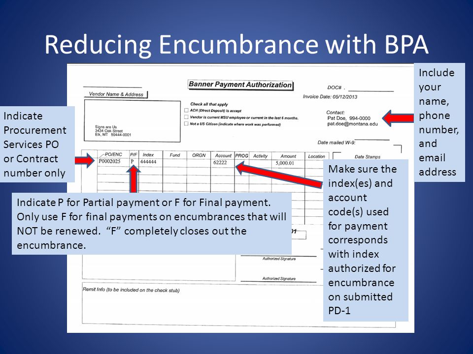 Reducing Encumbrance with BPA Include your name, phone number, and  address Indicate Procurement Services PO or Contract number only Indicate P for Partial payment or F for Final payment.