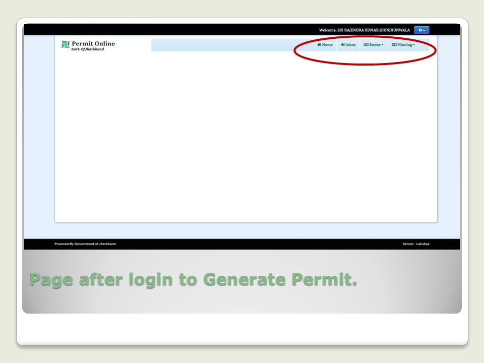 Page after login to Generate Permit.