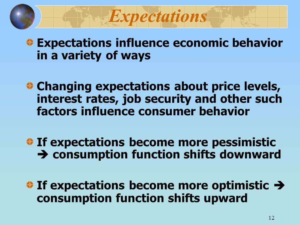 12 Expectations Expectations influence economic behavior in a variety of ways Changing expectations about price levels, interest rates, job security and other such factors influence consumer behavior If expectations become more pessimistic  consumption function shifts downward If expectations become more optimistic  consumption function shifts upward