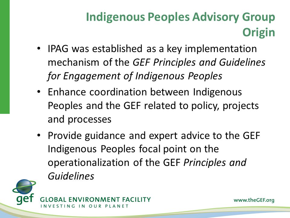 IPAG was established as a key implementation mechanism of the GEF Principles and Guidelines for Engagement of Indigenous Peoples Enhance coordination between Indigenous Peoples and the GEF related to policy, projects and processes Provide guidance and expert advice to the GEF Indigenous Peoples focal point on the operationalization of the GEF Principles and Guidelines Indigenous Peoples Advisory Group Origin