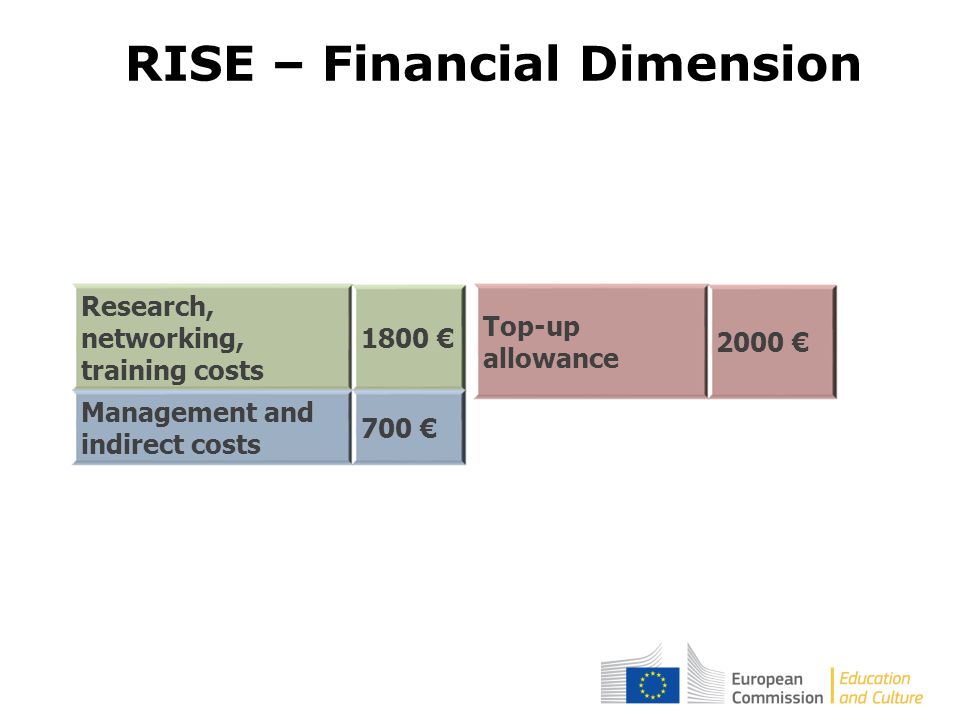RISE – Financial Dimension Research, networking, training costs 1800 € Management and indirect costs 700 € Top-up allowance 2000 €