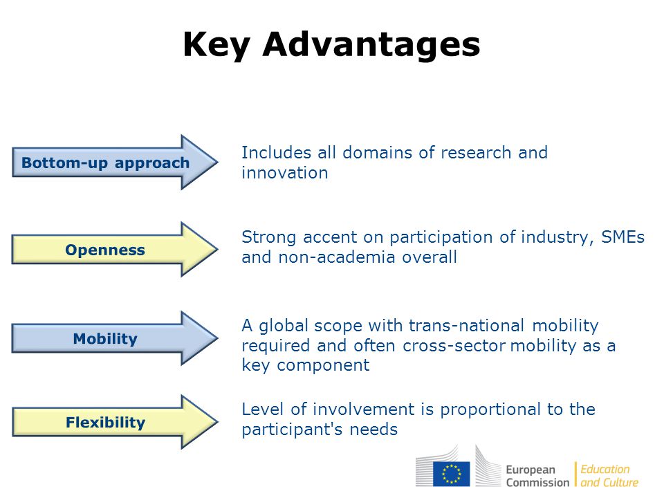 Includes all domains of research and innovation Strong accent on participation of industry, SMEs and non-academia overall A global scope with trans-national mobility required and often cross-sector mobility as a key component Level of involvement is proportional to the participant s needs Key Advantages
