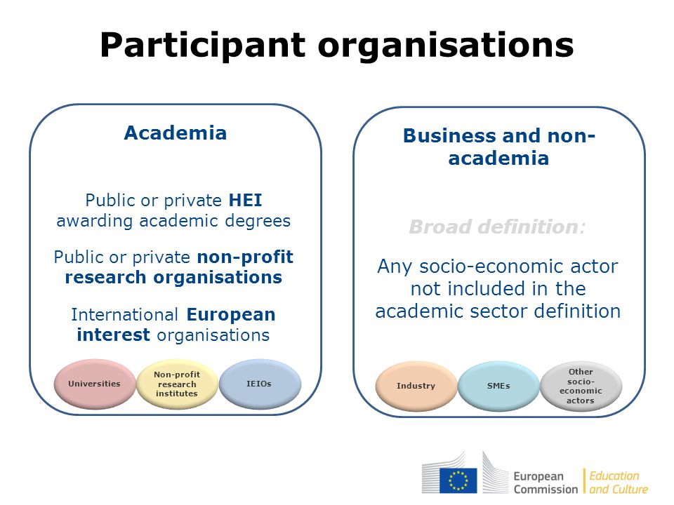UniversitiesIEIOs Industry Business and non- academia Academia Other socio- economic actors SMEs Broad definition: Any socio-economic actor not included in the academic sector definition Public or private HEI awarding academic degrees Public or private non-profit research organisations International European interest organisations Non-profit research institutes Participant organisations