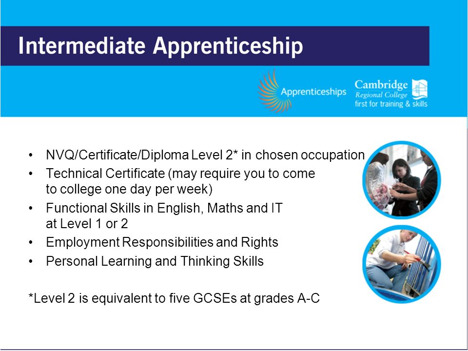 NVQ/Certificate/Diploma Level 2* in chosen occupation Technical Certificate (may require you to come to college one day per week) Functional Skills in English, Maths and IT at Level 1 or 2 Employment Responsibilities and Rights Personal Learning and Thinking Skills *Level 2 is equivalent to five GCSEs at grades A-C