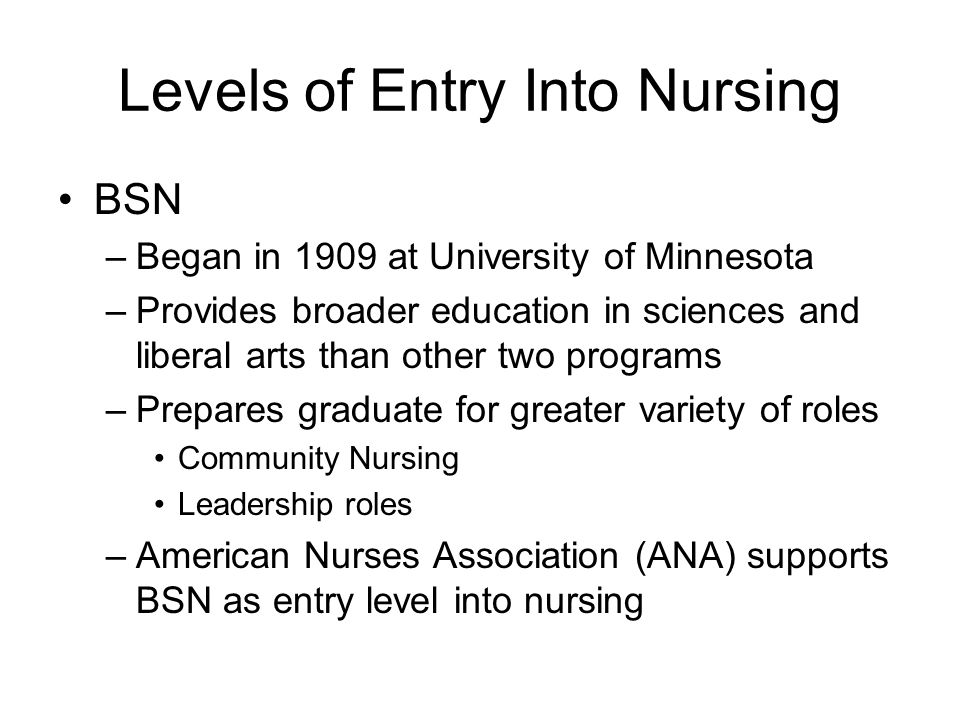 Levels of Entry Into Nursing BSN –Began in 1909 at University of Minnesota –Provides broader education in sciences and liberal arts than other two programs –Prepares graduate for greater variety of roles Community Nursing Leadership roles –American Nurses Association (ANA) supports BSN as entry level into nursing