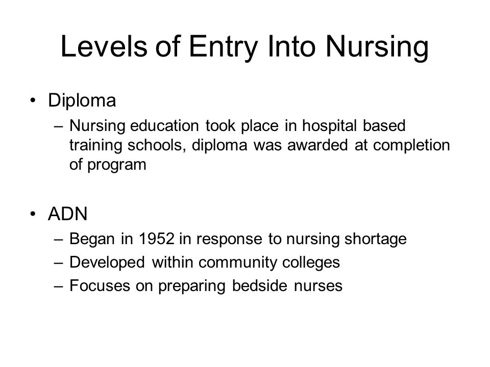 Levels of Entry Into Nursing Diploma –Nursing education took place in hospital based training schools, diploma was awarded at completion of program ADN –Began in 1952 in response to nursing shortage –Developed within community colleges –Focuses on preparing bedside nurses